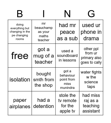 Yr 7 Caludon Bingo 🔥 Bingo Card