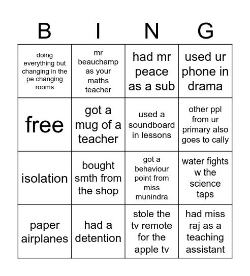 Yr 7 Caludon Bingo 🔥 Bingo Card