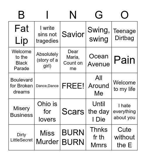 Emo Music Bingo Card