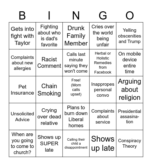 Dysfunctional Family Bingo Card