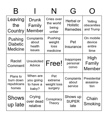 Dysfunctional Family Bingo Card
