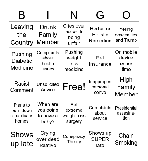 Dysfunctional Family Bingo Card