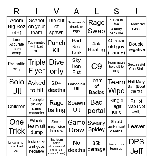 Marvel Rivals Bingo Card Bingo Card