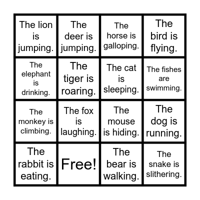 Animal action past tense Bingo Card