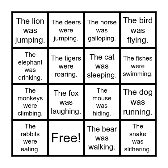 Animal Action Past Tense Bingo Card