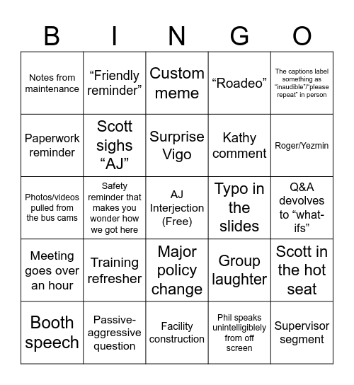 Safety Meeting Bingo Card