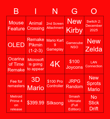 Nintendo Direct Bingo Card