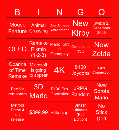 Nintendo Direct Bingo Card