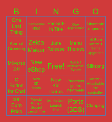 Nintendo Switch 2 Direct Bingo Card