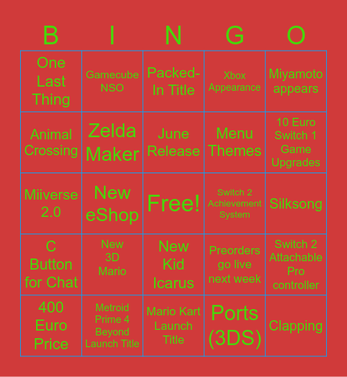 Nintendo Switch 2 Direct Bingo Card