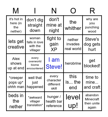 minecraft movie Bingo Card