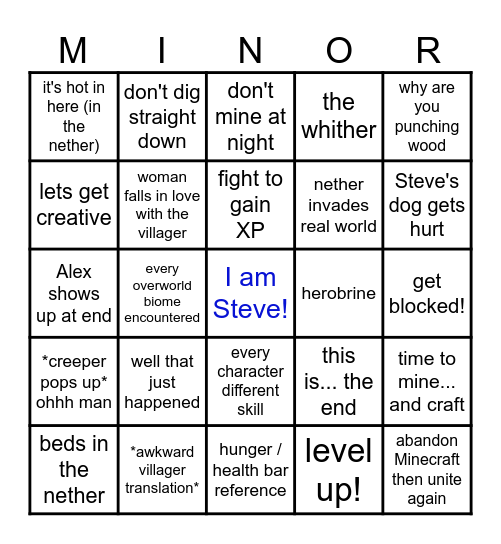 minecraft movie Bingo Card