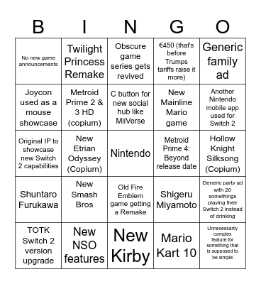 Nintendo Bingo Card
