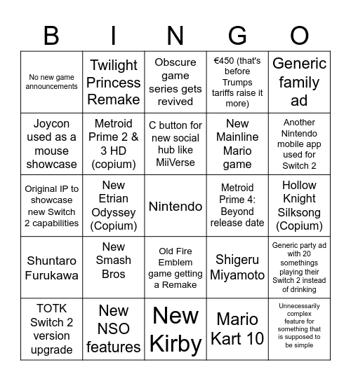 Nintendo Bingo Card