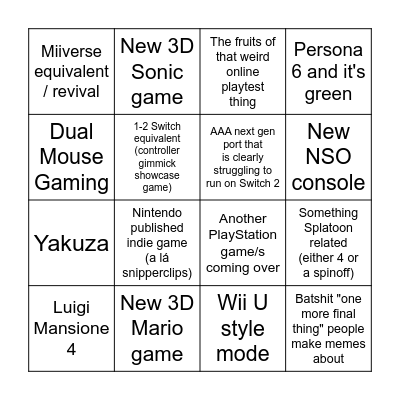 Bingotendo Switch 2 Bingo Card