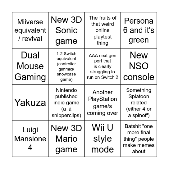 Bingotendo Switch 2 Bingo Card