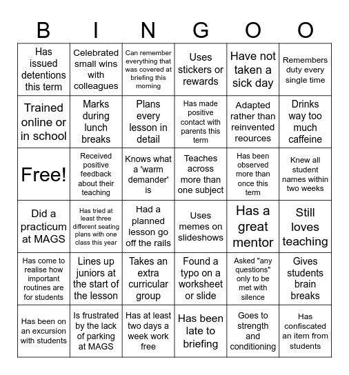 Teacher Bingo Card