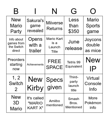 Switch 2 Direct BINGO Card
