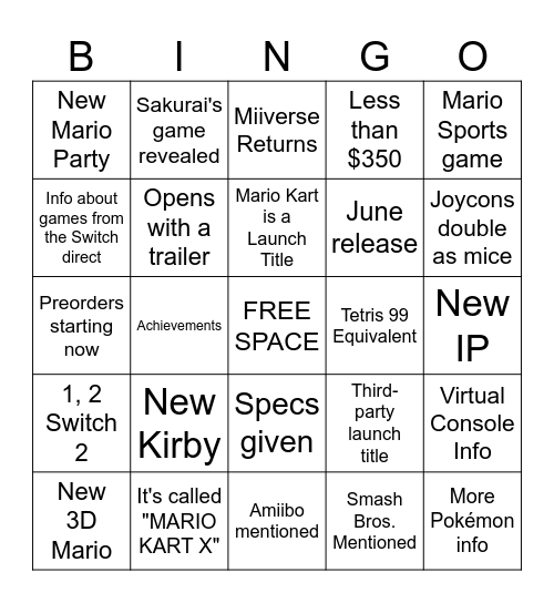 Switch 2 Direct BINGO Card