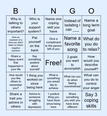 Mental Health Bingo Card