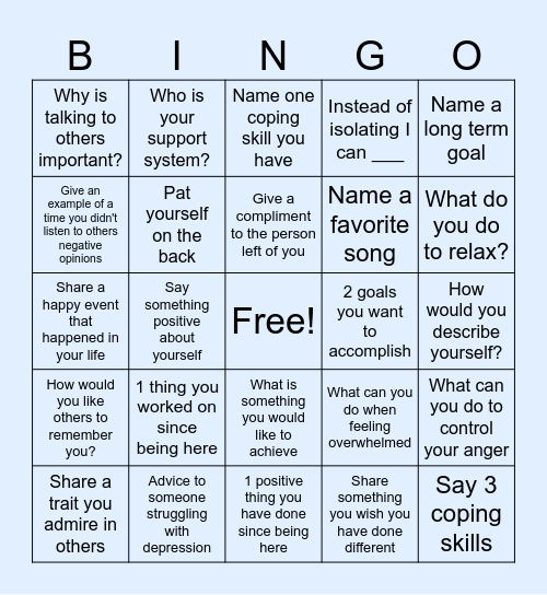 Mental Health Bingo Card