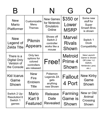 Switch 2 Bingo Card