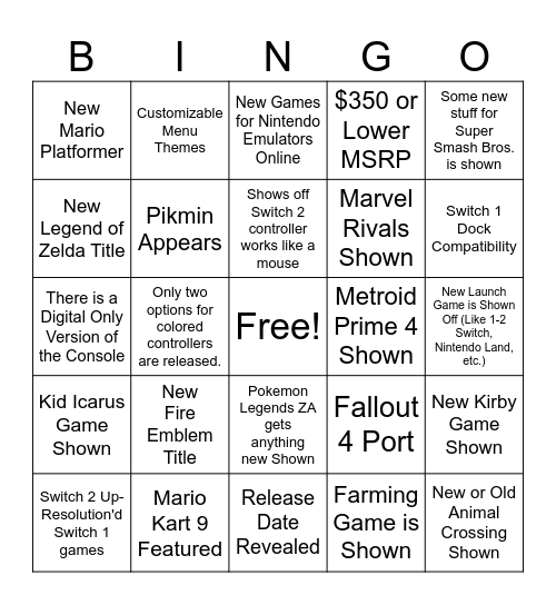 Switch 2 Bingo Card
