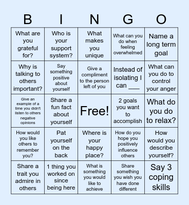 Mental Health Bingo Card