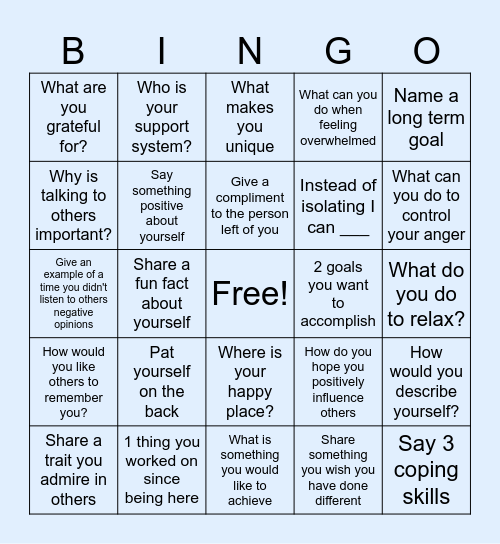 Mental Health Bingo Card