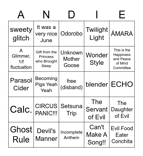 andie's rao bingo! Bingo Card