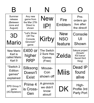SWITCH 2 DIRECT BINGO Card