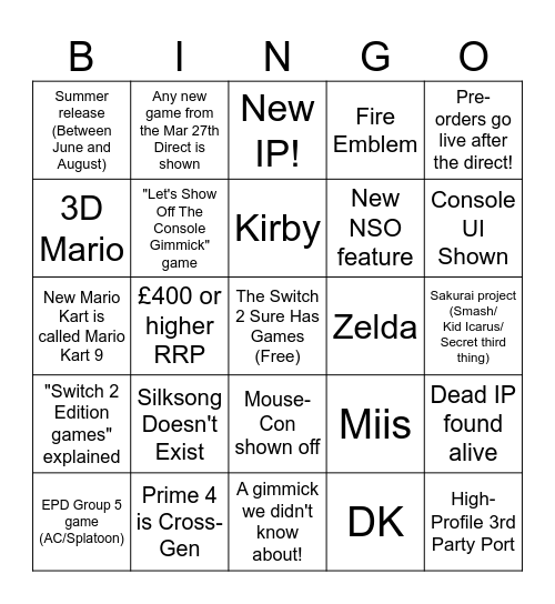 SWITCH 2 DIRECT BINGO Card