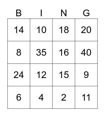 Fractions Bingo Card