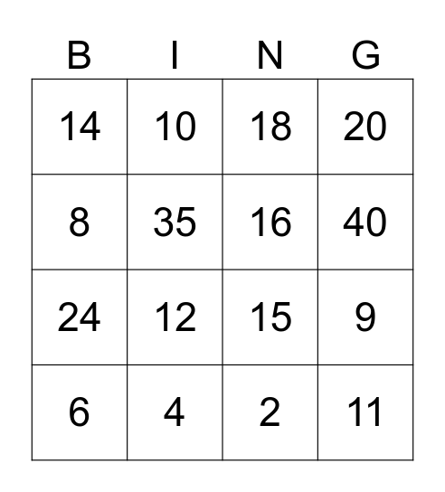 Fractions Bingo Card