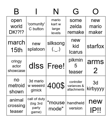 nintendo Direct whoo Bingo Card