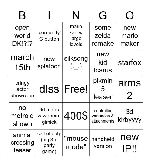 nintendo Direct whoo Bingo Card