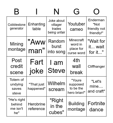 Minecraft Movie Bingo Card