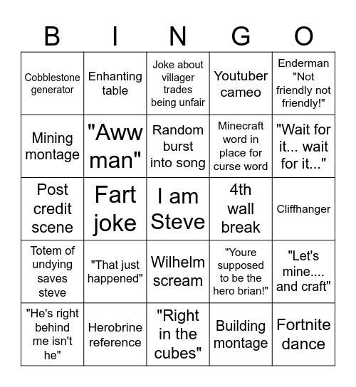 Minecraft Movie Bingo Card