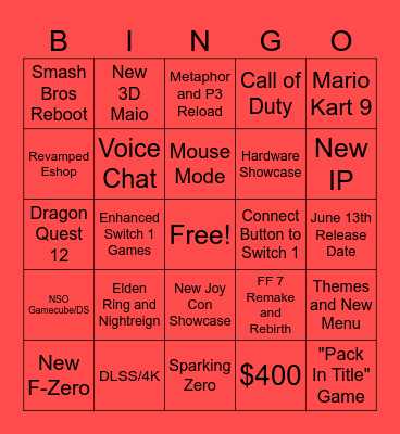 Nintendo Switch 2 Direct Bingo Card