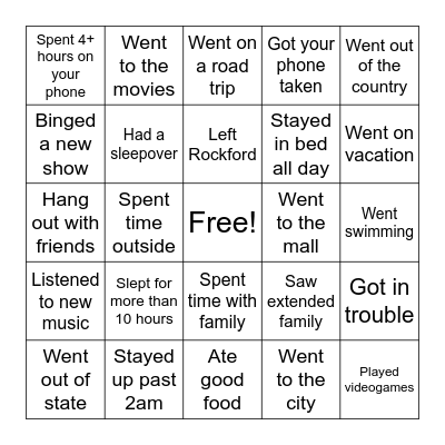 Spring Break Bingo Card