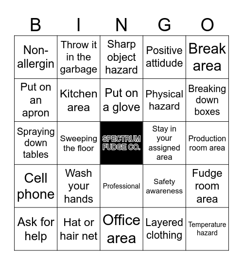 Spectrum Fudge Safety Bingo Card