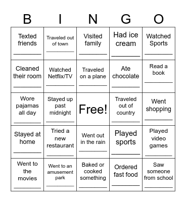 Welcome Back from Spring Break! Bingo Card