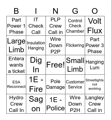 Toronto Hydro Dispatch Bingo Card