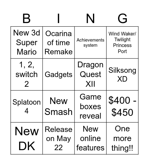 Switch 2 Predictions Bingo Card