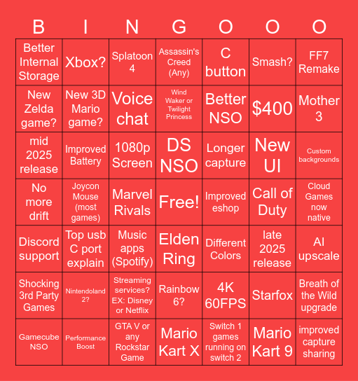 Switch 2 Bingo Card