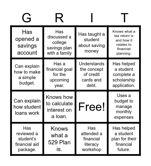 GEAR UP RIUSE UP : Financial Literacy PD Bingo Card
