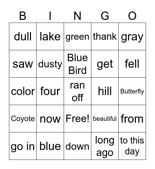 Blue Bird and Coyote Bingo Card