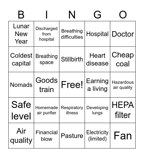 Air Pollution & Health Bingo Card