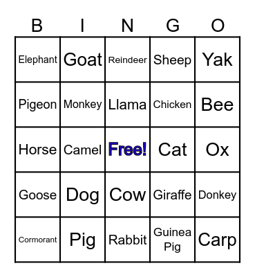 Animal Helpers Bingo Card