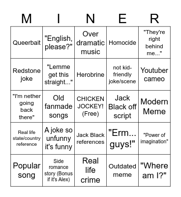 Minecraft Movie bingo Card